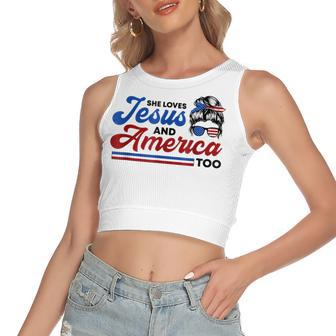 She Loves Jesus And America Too 4Th Of July Proud Christians Women's Sleeveless Bow Backless Hollow Crop Top - Seseable