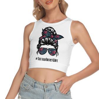 Tattoo Artist Wife Life Messy Bun Hair Glasses Women's Sleeveless Bow Backless Hollow Crop Top - Seseable
