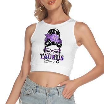 Taurus Girl Birthday Messy Bun Hair Purple Floral Women's Sleeveless Bow Backless Hollow Crop Top - Seseable