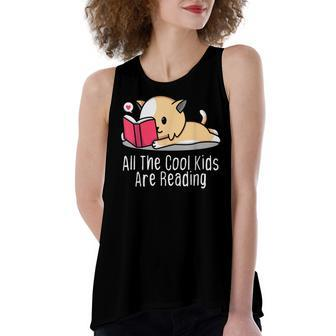 All The Cool Kids Are Reading Book Cat Lovers Women's Loose Fit Open Back Split Tank Top - Seseable