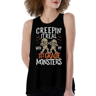 Creepin It Real With My 1St Grade Monsters Halloween Teacher School Women's Loose Fit Open Back Split Tank Top - Seseable