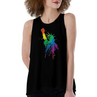 Rainbow Statue Of Liberty With Raised Fist Lgbtq Pride Women's Loose Tank Top | Mazezy