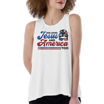 She Loves Jesus And America Too 4Th Of July Proud Christians Women's Loose Fit Open Back Split Tank Top - Seseable