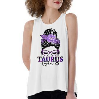 Taurus Girl Birthday Messy Bun Hair Purple Floral Women's Loose Fit Open Back Split Tank Top - Seseable
