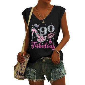 Womens 90 & Fabulous Diamond Crown Shoes Queen 90 Yrs Old Birthday Women's Vneck Tank Top - Seseable