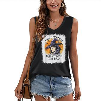 Bleached Good Witch Just Kidding Im Bad Halloween Witch Women's Vneck Tank Top - Seseable
