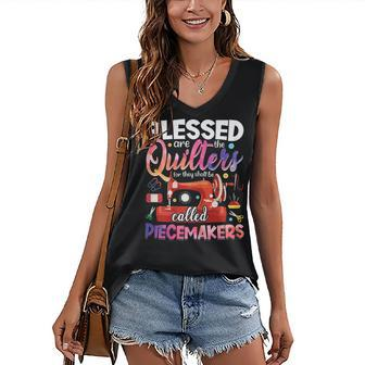 Womens Blessed Are Piecemakers Sewing Pun Quilting Lover Novelty Women's Vneck Tank Top - Seseable