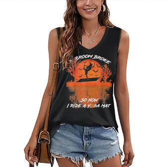 My Broom Broke So Now I Ride A Yoga Mat Halloween Witch Women's Vneck Tank Top - Seseable