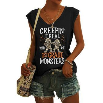 Creepin It Real With My 1St Grade Monsters Halloween Teacher School Women's Vneck Tank Top - Seseable