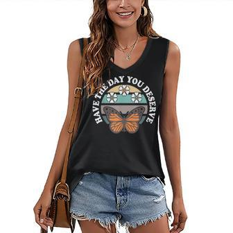 Cute Retro Butterfly And Flowers Have The Day You Deserve Women's V-neck Casual Sleeveless Tank Top - Thegiftio UK