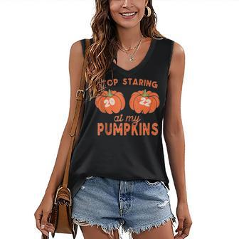 Funny 2022 Stop Staring At My Pumpkins Halloween Fall Womens Women's V-neck Casual Sleeveless Tank Top - Thegiftio UK