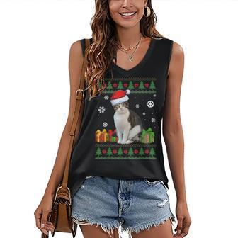 Funny Cat Lovers Cute Cat Santa Hat Ugly Christmas Sweater V2 Women's V-neck Casual Sleeveless Tank Top - Thegiftio UK