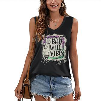 Halloween Bad Witch Vibes Peace Hand Sign Halloween Bleached Women's Vneck Tank Top - Seseable