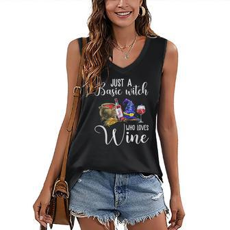 Halloween Basic Witch Who Loves Wine Drinking Drinker Lover Women's Vneck Tank Top - Seseable