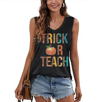 Leopard Trick Or Teach Pumpkin Teacher Halloween Costume Women's Vneck Tank Top - Seseable
