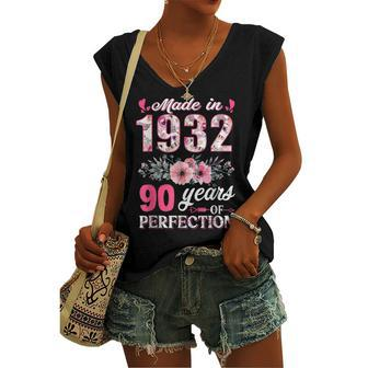 Made In 1932 Floral 90 Years Old 90Th Birthday Women's Vneck Tank Top - Seseable