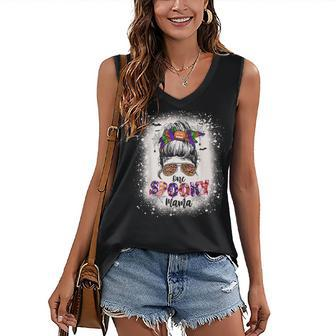 One Spooky Mama Mommy Halloween Mom Life Messy Bun Bleached Women's Vneck Tank Top - Seseable