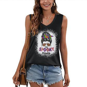 Womens One Spooky Mama Witchy Mama Halloween Messy Bun Mom Bleached Women's Vneck Tank Top - Seseable