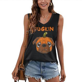 Pugkin Pug Pumpkin Dog Lover Halloween Party Costume Women's Vneck Tank Top - Seseable