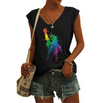 Rainbow Statue Of Liberty With Raised Fist Lgbtq Pride Women's V-neck Tank Top | Mazezy