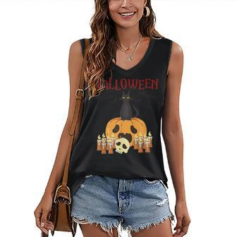 Scary Pumpkin And Black Cat Halloween Trick Or Treat Women's Vneck Tank Top - Seseable