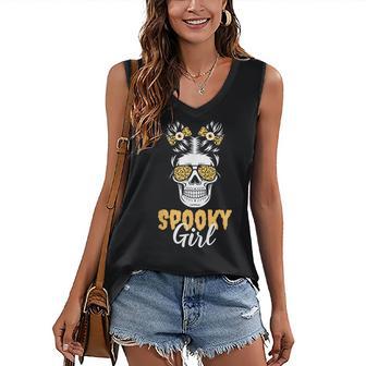 Spooky Halloween Girl Skull Messy Bun Leopard Costume Women's Vneck Tank Top - Seseable