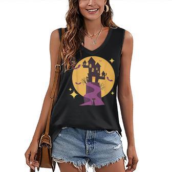 Spooky Haunted House Mid-Century Modern Cats For Halloween Women's V-neck Casual Sleeveless Tank Top - Thegiftio UK