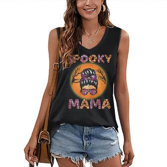 Womens Spooky Mama Messy Bun Halloween Women's Vneck Tank Top - Seseable