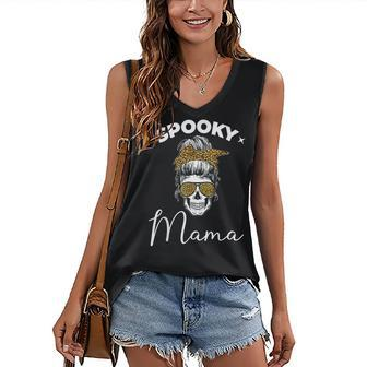 Spooky Mama Skull Messy Bun Glasses Leopard Halloween Women's Vneck Tank Top - Seseable
