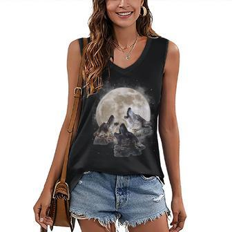 Three Wolves Howling At The Moon - Wolf Lover Women's V-neck Casual Sleeveless Tank Top - Thegiftio UK