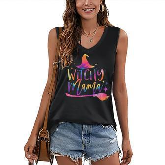 Tie Dye Witchy Mama Witch Hat Broom Spooky Mama Halloween Women's Vneck Tank Top - Seseable