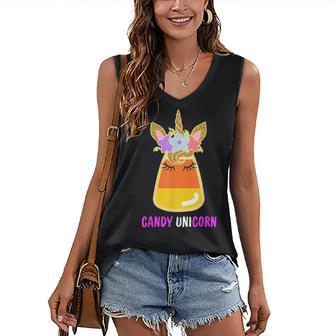 Unicorn Candy Corn Halloween Trick Or Treat Party Girl Women's Vneck Tank Top - Seseable