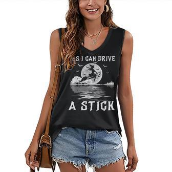 Yes I Can Drive A Stick Halloween Witch Riding Broomstick Women's Vneck Tank Top - Seseable