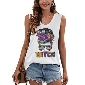 100 That Witch Halloween Costume Messy Bun Skull Witch Girl Women's Vneck Tank Top - Seseable