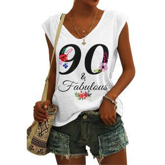90 & Fabulous 90 Years Old Vintage Floral 1932 90Th Birthday Women's Vneck Tank Top - Seseable