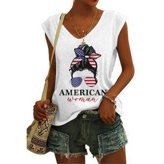 All American Girl Messy Bun Flag 4Th Of July Sunglasses Women's Vneck Tank Top - Seseable