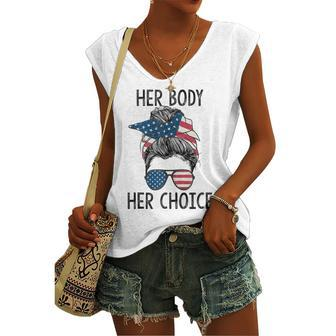 Her Body Her Choice Messy Bun Us Flag Feminist Pro Choice Women's Vneck Tank Top - Seseable