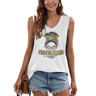 Electrician Wife Leopard Messy Bun Funny Wife Mothers Day Women's V-neck Casual Sleeveless Tank Top - Thegiftio UK