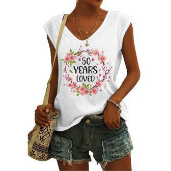 Floral 50 Years Old 50Th Birthday Anniversary 50 Years Loved Women's Vneck Tank Top - Seseable