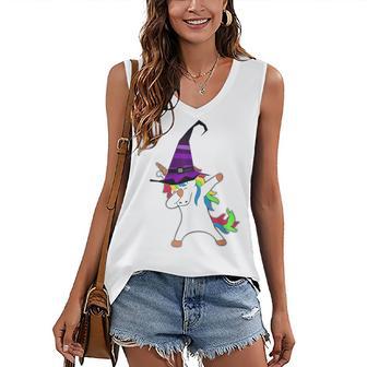 Halloween Dabbing Unicorn Witch Hat Witchcraft Costume Women's Vneck Tank Top - Seseable