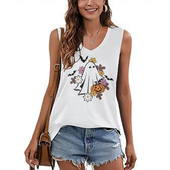 Halloween Ghost Vintage Groovy Trick Or Treat Spooky Vibes Women's V-neck Casual Sleeveless Tank Top - Thegiftio UK