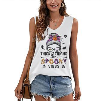 Halloween Messy Bun Thick Thighs And Spooky Vibes Women's Vneck Tank Top - Seseable