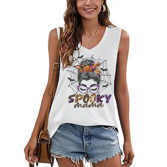 Halloween Spooky Mama Costume Messy Bun Spider Web For Mom Women's Vneck Tank Top - Seseable