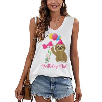 Kids 7 Year Old Cool Cute Sloth Balloons 7Th Birthday Girls Party Women's V-neck Casual Sleeveless Tank Top - Thegiftio