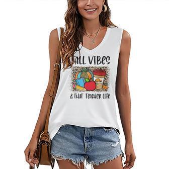 Leopard Fall Autumn Vibes Thankful Teacher Life Thanksgiving Women's V-neck Casual Sleeveless Tank Top - Thegiftio UK