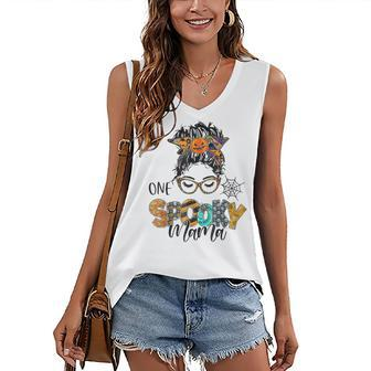 One Spooky Mama For Halloween Messy Bun Mom Monster Bleached Women's Vneck Tank Top - Seseable