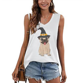 Pug Witch Halloween Dog Puppy Outfit Costume Trick Or Treat Women's Vneck Tank Top - Seseable