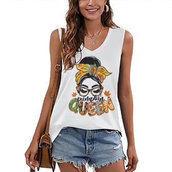 Pumpkin Queen Messy Bun Fall Pumpkin Fall Vibes Autumn Women's V-neck Casual Sleeveless Tank Top - Thegiftio UK