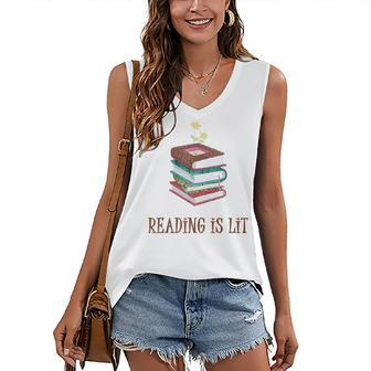Reading Is Lit Literacy Book Flower Literature Teacher Lover Women's V-neck Casual Sleeveless Tank Top - Thegiftio UK