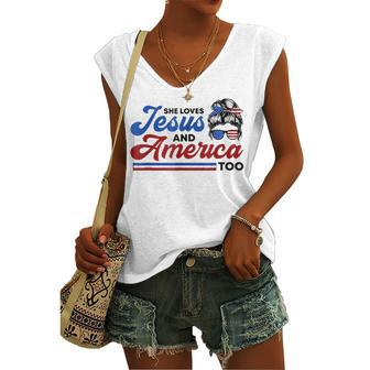 She Loves Jesus And America Too 4Th Of July Proud Christians Women's Vneck Tank Top - Seseable